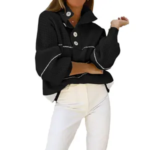 CHARTOU Women's Autumn/Winter Loose Striped Sweater 1/2 Button Collar Hoodie Waffle Knitted Sweater