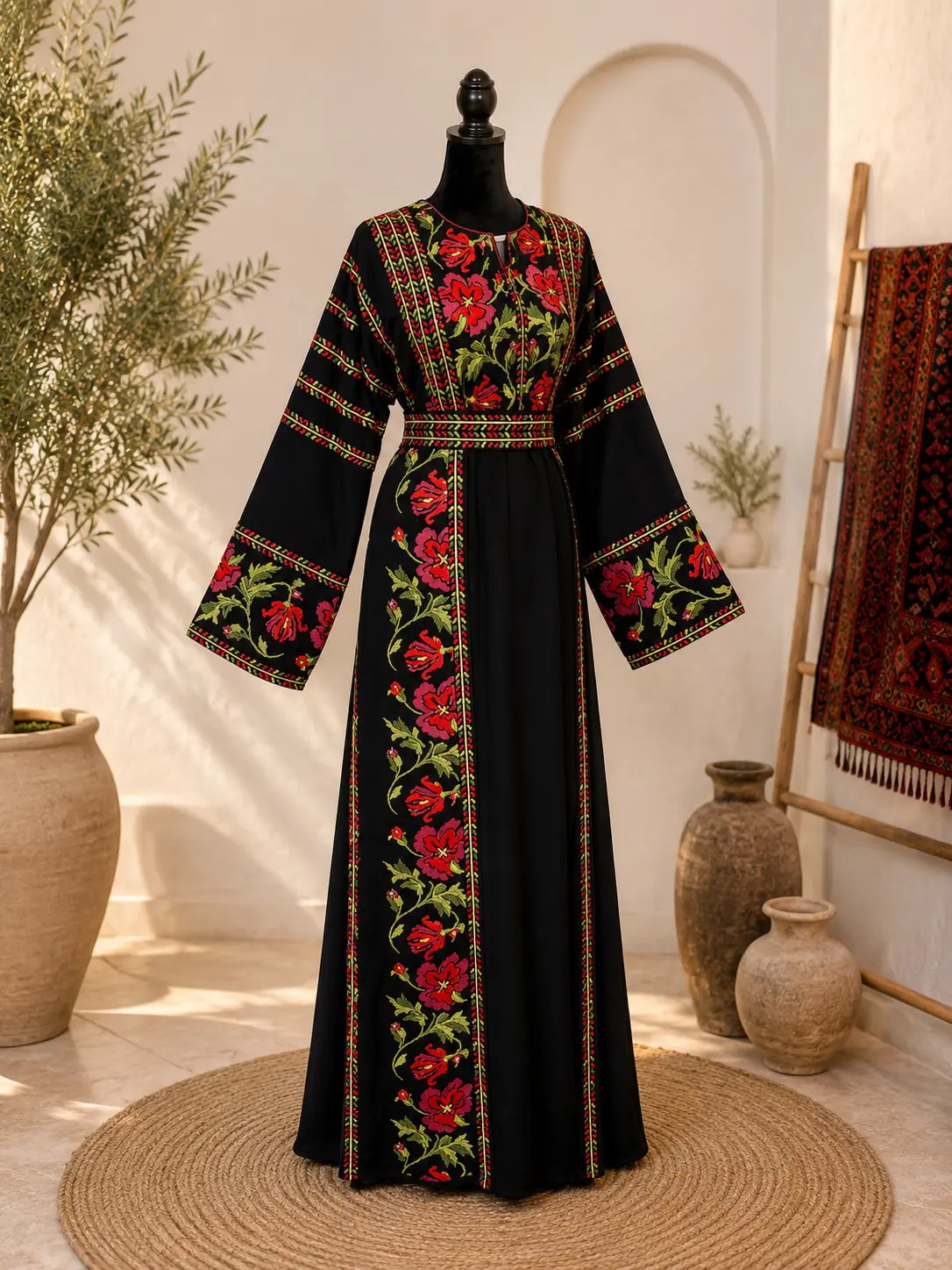 Women's Chic Elegant Traditional Modern Palestinian Thobe Dress - 4-Color (Green,Blue,Red,Black), Long Sleeves, Stone-Embellished, Boho Fit, Modest Islamic Casual Piece, Ethnic Women's Clothes