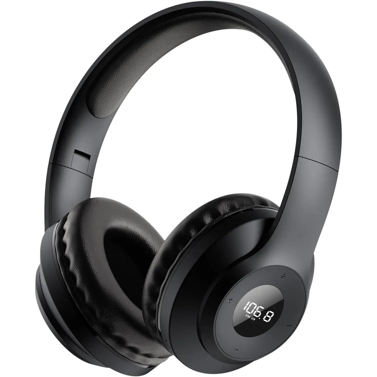 Over-Ear Rechargeable Portable Stereo FM Radio Headset - Outdoor Ready Electronic Audio Device with Strong Reception, LED Display, Soft Ear Muffs, Cable, Stereo Sound for Hiking, Jogging (Black)