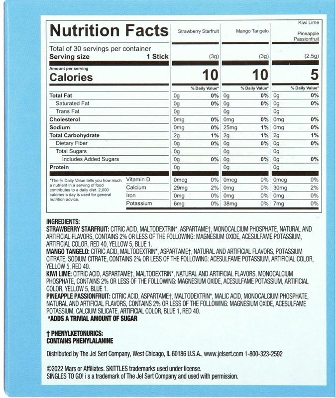 Skittles Zero Sugar Variety Pack Singles-to-Go Powdered Drink Mix, Tropical, 30 Count Packets