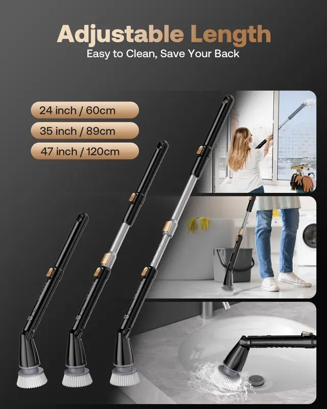 Trucozie Electric Spin Scrubber, Cordless Cleaning Brush with 440RPM/90Mins Runtime, 3 Adjustable Angles&Sizes, 6 Replaceable Brush Heads, 2 Speeds for Bathroom Glass, Car Cleaning, Bathtub, and Shower 4