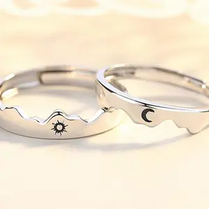 2Pcs Sun Moon Celestial Mountains Seas Copper Couple Rings with Adjustable Open Design