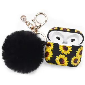 Wearable Soft Silicone Cover Accessory for Airpods 3 Generation 3rd with Pom Pom Keychain, Nature Designs, Fur, Metal