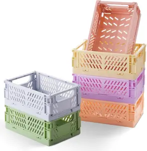 6-Pack Small Pastel Plastic Storage Baskets, Collapsible Crates for Organizing, Space-Saving Mini Bins for Classroom, Kitchen, Office, Bedroom (5.8" x 3.8" x 2.2") Colorful Organiser