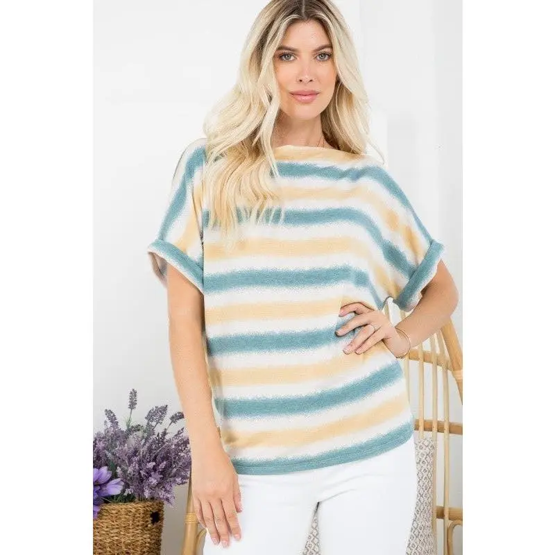 Women's Striped Rayon-Blend Oversized Casual Blouse, Boat Neck, Cuffed Short Sleeves, Stylish Shirts for Daily Wear