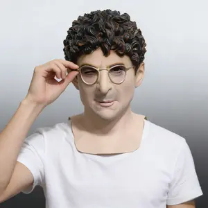 Realistic latex male mask for adults, human-like celebrity mask for carnival costumes and fancy dress parties, one-piece molded design with distressed silver frame and round glasses; dark brown gradient short curly hair; natural simulated skin tone. Suita