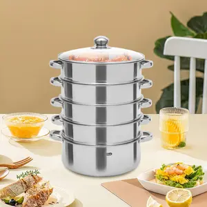 Stainless Steel Steamer Pot Thick-bottomed, 5 Tier Food Steamer for Cooking, Large Metal Steam Cooker, Work for Induction and Stove, Suitable for Tamale, Vegetable, Dumpling and Seafood White Cookware