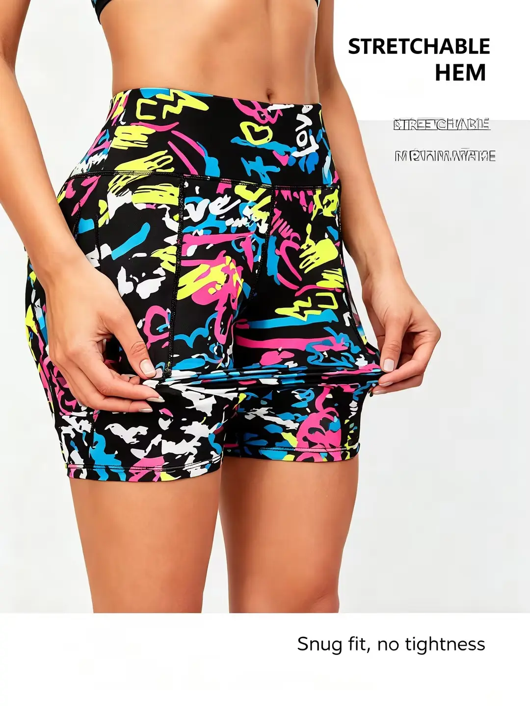 Women's Graffiti Print Biker Shorts with Side Pockets, High Waisted Tummy Control 4-Way Stretch for Workout, Yoga & Running, Shorts Women, Women's Clothes, Loose Fit