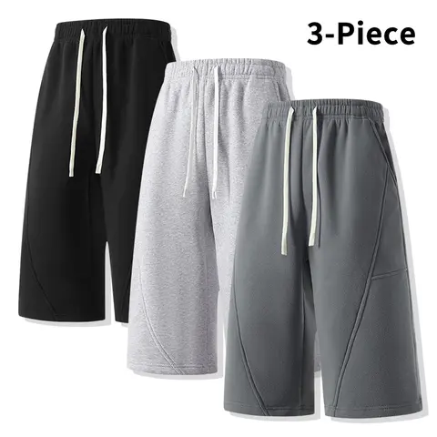 3-Piece Men’s Solid Color Knee-Length Athletic Shorts — Loose Plus Size Jogger Shorts with High Elastic Waist and Drawstring Design; Everyday Fitness Street Basic Shorts Set, Available in Multiple Colors for All Seasons, Home Running and Casual Wear