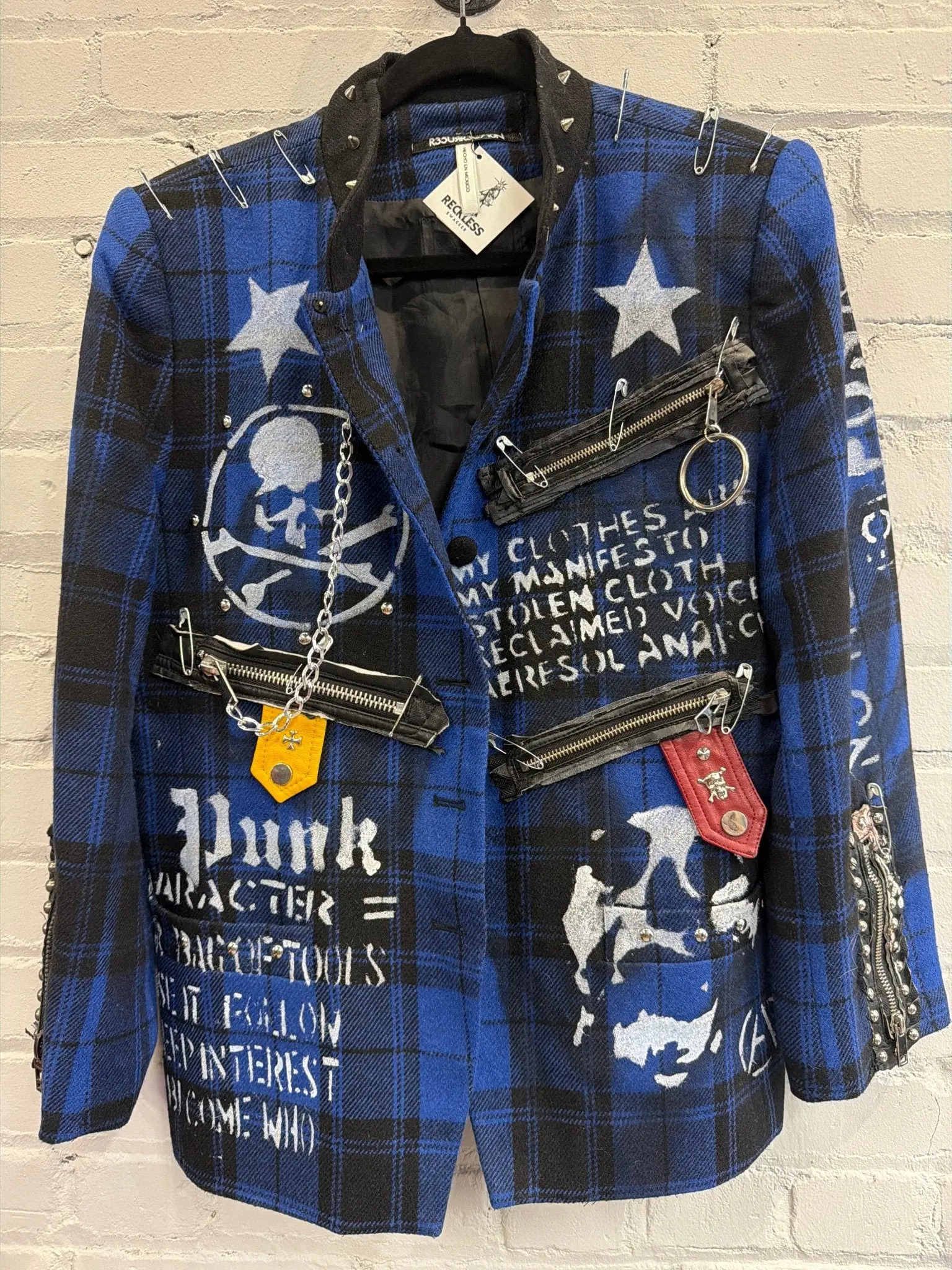 Blue Black Plaid Chain Punk Statement blazer