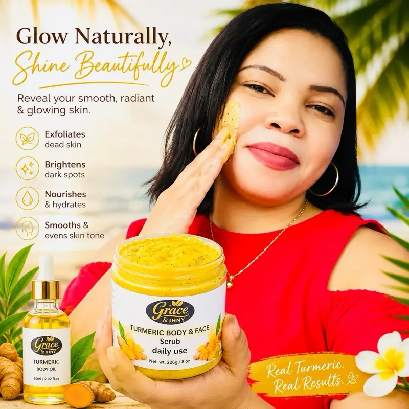 Turmeric Kojic Shea Butter Facial & Body Scrub - Gentle Hydrating Nourishing Skin Care Exfoliant with Lemon Coconut, for Smooth Skin Routine, Bikini Area Use, Lightening & Antibacterial Benefits