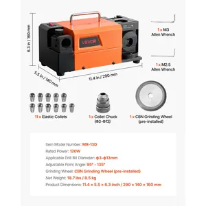 VEVOR Drill Bits Sharpener MR-13D, 3-13mm Professional Drill Bit Grinder with Adjustable Lip Relief Angle, Front Cutting Lip 95-135 Point Angle, 5800RPM Re-Sharpener with 11 Collets CBN Wheel