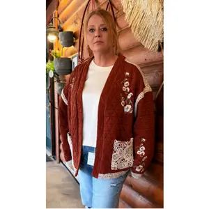 Embroidery Quilted Knit Jacket | Brick