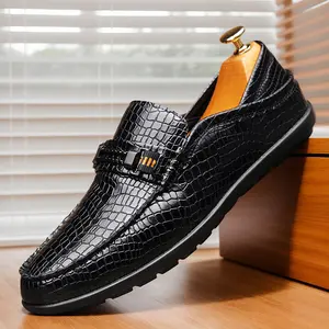 Men's Croc-Embossed Metal Bit Loafers, Black & Brown Formal Slip-On Leather Shoes25328