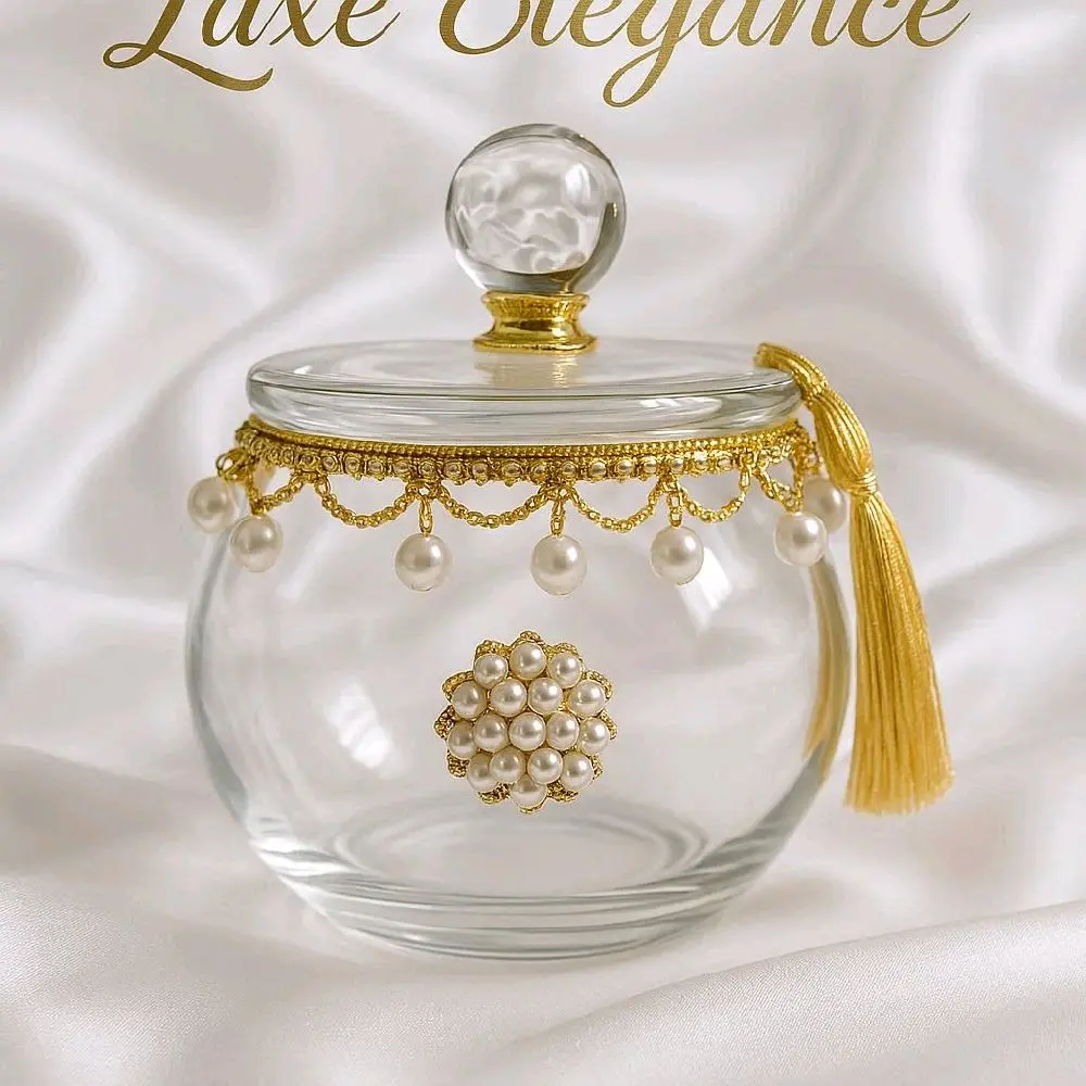 Handcrafted (Made to Order) 25 oz or 16  oz Embellished Cosmetic Dusting Powder Container with Crystal Lid Pearl Accents Faux Pearls Rhinestones Vintage Elegance