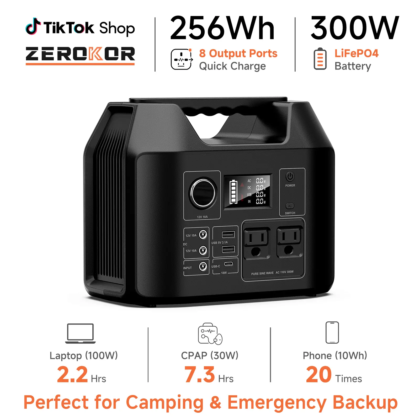 [ZeroKor] Rechargeable LiFePO4 Power Station, 80000mAh 300W 256Wh 6.5 lbs Emergency Battery Supply, 3500+ Charge Cycles, 3-Hour Charge, 8 Ports, High Power Output, AC Outlets for Outdoor Camping, Home Emergency, RV Use