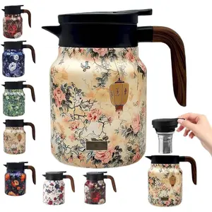 Vintage Floral Teapot with Built-in Infuser Stainless Steel Thermal Carafe with Lid for Hot Drinks Pink 35oz with Wooden Handle