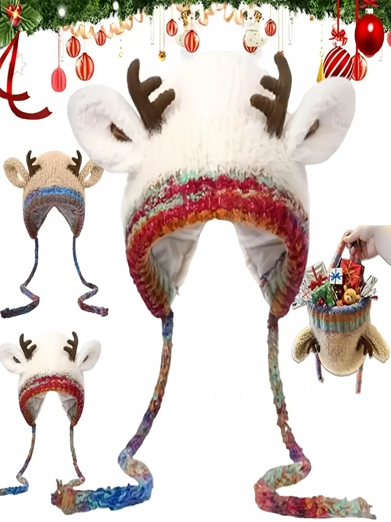 Women's Fuzzy Sheep Ears Winter Hat, Warm Polyester Lining, Adjustable Elastic Drawstring Knit Cap, Cute Animal Pattern, Light Rainbow Stripes, Animal Hats, Beanie Hats