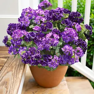 4pc Spring Purple Artificial Geraniums for Outdoor Decoration. Geraniums with UV Protection and Simulated Appearance. Suitable for front door, garden, porch, flower pot, terrace, balcony, courtyard, and indoor home use.