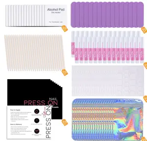 Press On Nail Tool Kit for Nail Business, Nail Prep Application Disposable Kit with Nail File, Nail Glue, Prep Pads, Instruction Card, Adhesive Nail Tabs, Wood Stick, Holographic Bag (20pcs in purple)