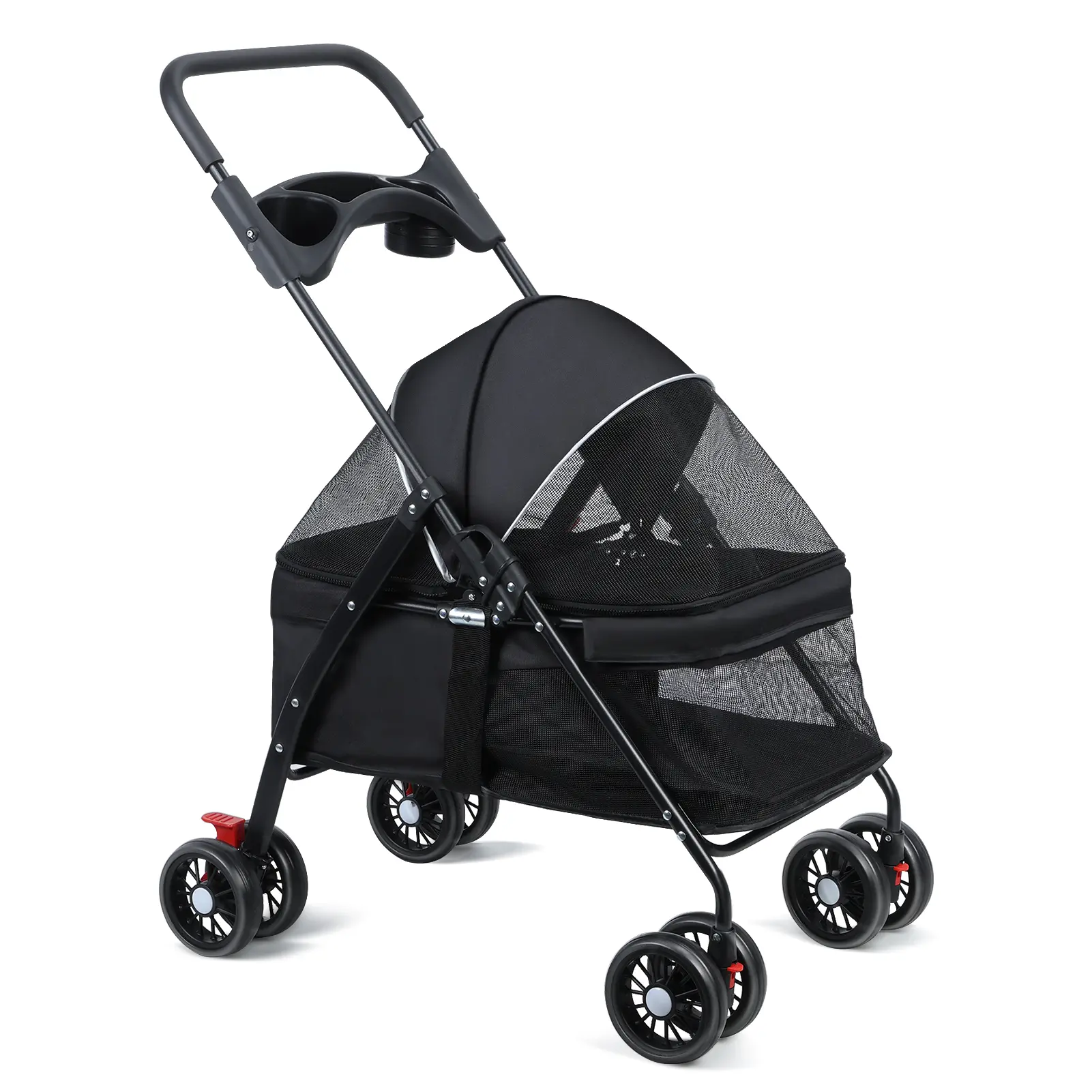 4 Wheels Dog Cat Stroller, Outdoor Travel Pet Folding Stroller, Dog Cat Cage Stroller with Cup Holder, Breathable and Visible Mesh for Medium Small Dog