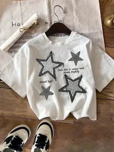 Women's Star Print Round Neck Tee, Casual Star Print Short Sleeve T-Shirt for Daily Wear, Ladies Clothes for All Seasons, Tshirt