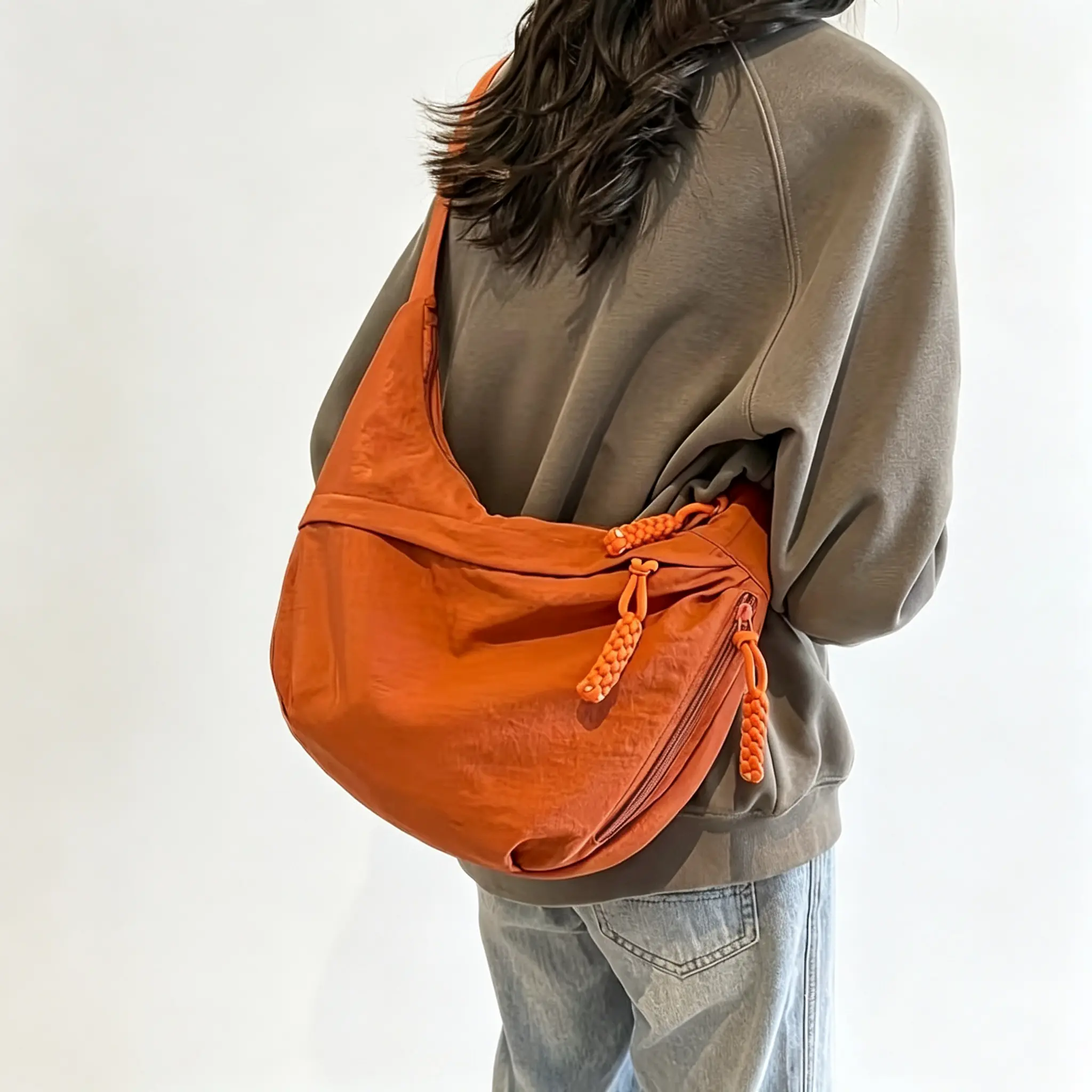 Women's Large Slouchy Dumpling Bag, Casual Canvas Hobo Crossbody, Lightweight Everyday Shoulder Bag with Braided Zipper