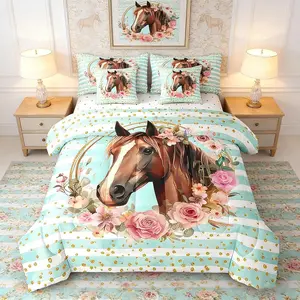 7 Pieces Floral Horse Comforter Set,Watercolor Flower Animal Bed Set for Kids Boys Girls,Blue Stripe Bedding(1 Comforter,1 Fitted Sheet,1 Flat Sheet,2 Pillowcases,2 Throw Pillow Cover)