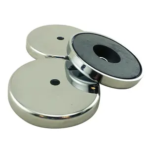 Ceramic Round Base Magnet Pack - Heavy-Duty Strong Magnets - 65 lb Pull Each - for Indoor and Outdoor Use - Nickel-Plated - 2.618" Diameter - 0.275" Hole - 0.375" Thick - 3-Pack
