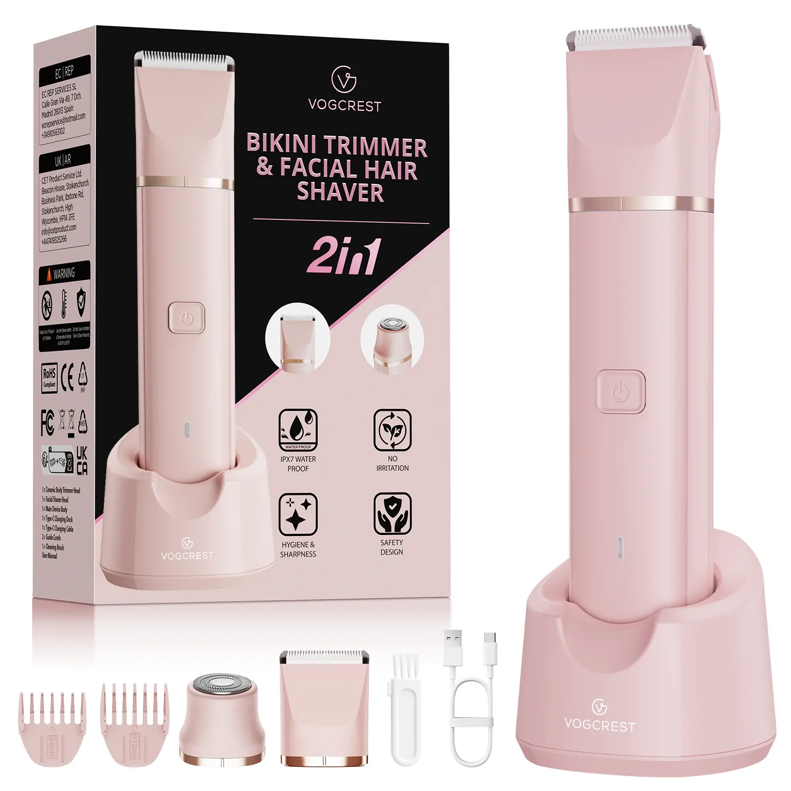 Dual-Head Shaver All-in-One Body & Facial Trimmer 2-in-1 Electric Razor for Bikini Legs Underarms Wet Dry Use Waterproof IPX7 Adjustable Comb Guides USB Charging Cordless Grooming Tool