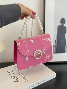 Fashionable Personalized Printed Lightweight Luxury Pearl Handbag Shoulder & Crossbody Bag in Hot Pink with Chain Strap and Magnetic Closure