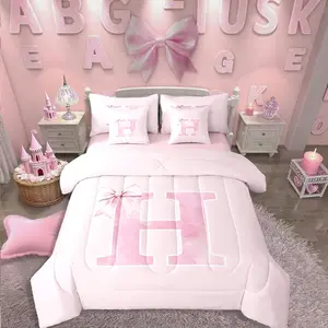 7-Piece Bowknot Comforter Set,Monogrammed Bows Bedding Set for Girls,Initial Birthday Gifts Bed in a Bag for Mom Daughter Sister,Unique Customized Bedroom Room Decor(H)