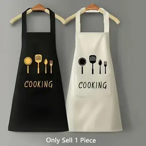 1pc Chef Apron with Cooking Utensils Pocket & Adjustable Ties - Heavy-Duty Polyester Kitchen Apron for &, Black/White with Golden/ Cooking Icons (, Spoon, Fork, Spatula) - Chef Cooking Design for Cooks & Chefs Kitchen Cooking Aprons