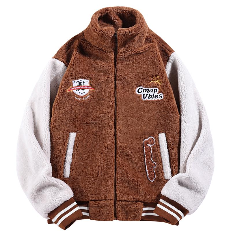 Mens Multi-Color 2-Tone Sherpa Fleece Zip-Up Varsity Coat - Menswear, Stylish Casual Fleece Jacket with Chest Shield & Patch Badges, Soft Warm Fabric for Daily Outdoor Activities, Tops