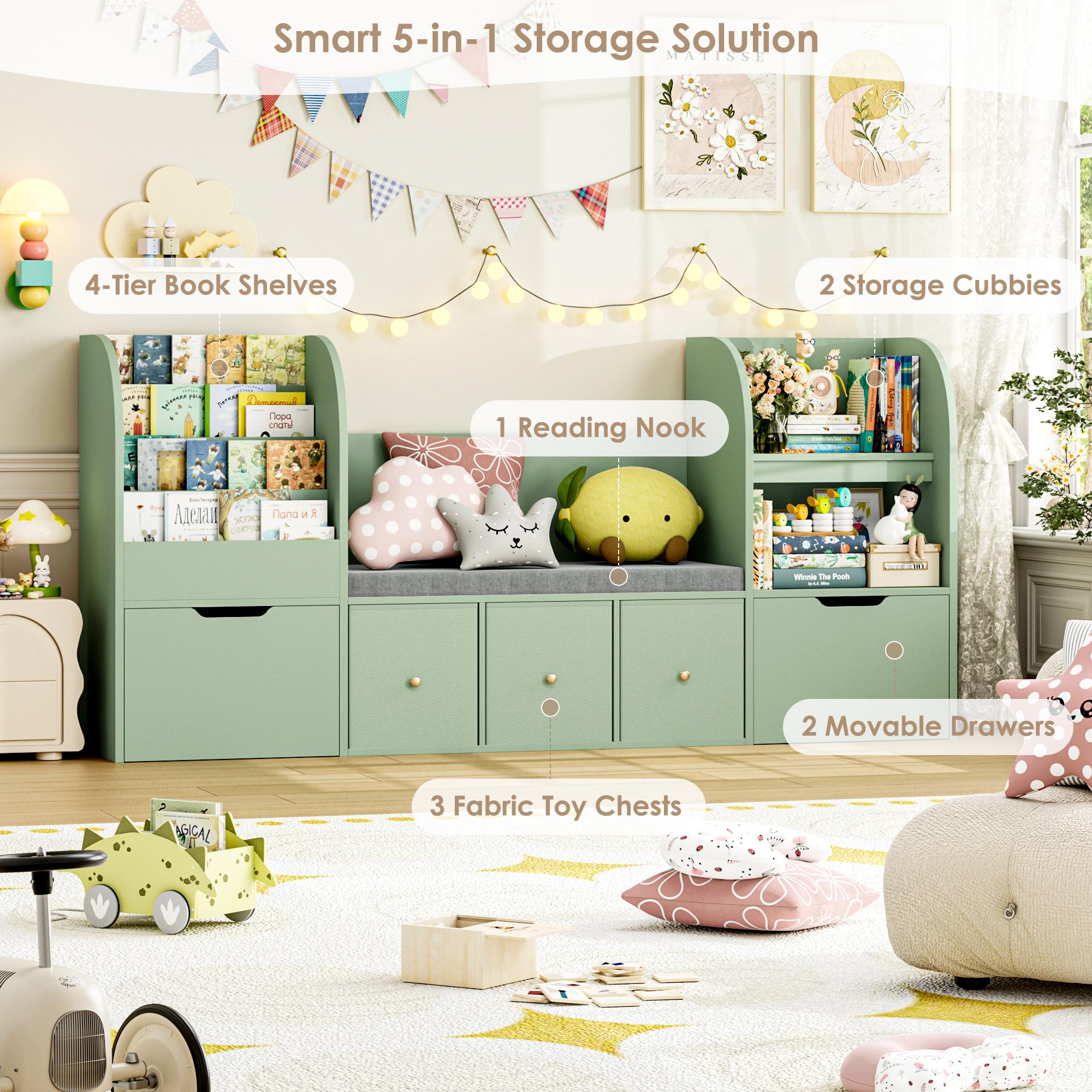 FOTOSOK 71” Kids Bookshelf with Reading Nook, Toy Storage Organizer with Seat Cushion and 2 Movable Drawers & 3 Toy Chests, Kids Reading Nook Toy Organizers and Storage with Bench for Playroom