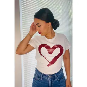 Love-Struck White Cotton Crewneck Shirt, Casual Heart T-Shirt
