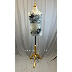 Custom Light Grey Mesh and Lycra Leotard -Rhinestones, Appliques