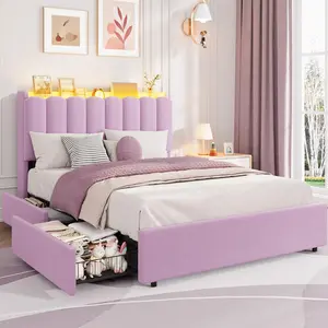 Kids Full Size Bed Frame with Storage Headboard & 2 Drawers, Boucle Upholstered Platform, Chic Wavy Bookcase Design, No Box Spring Needed, Purple
