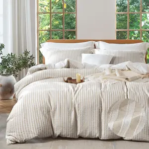 Stripe Duvet Cover - 100% Washed Cotton Light Khaki Boho Textured Comforter Cover 3pcs with Zipper Closure 90"x90"