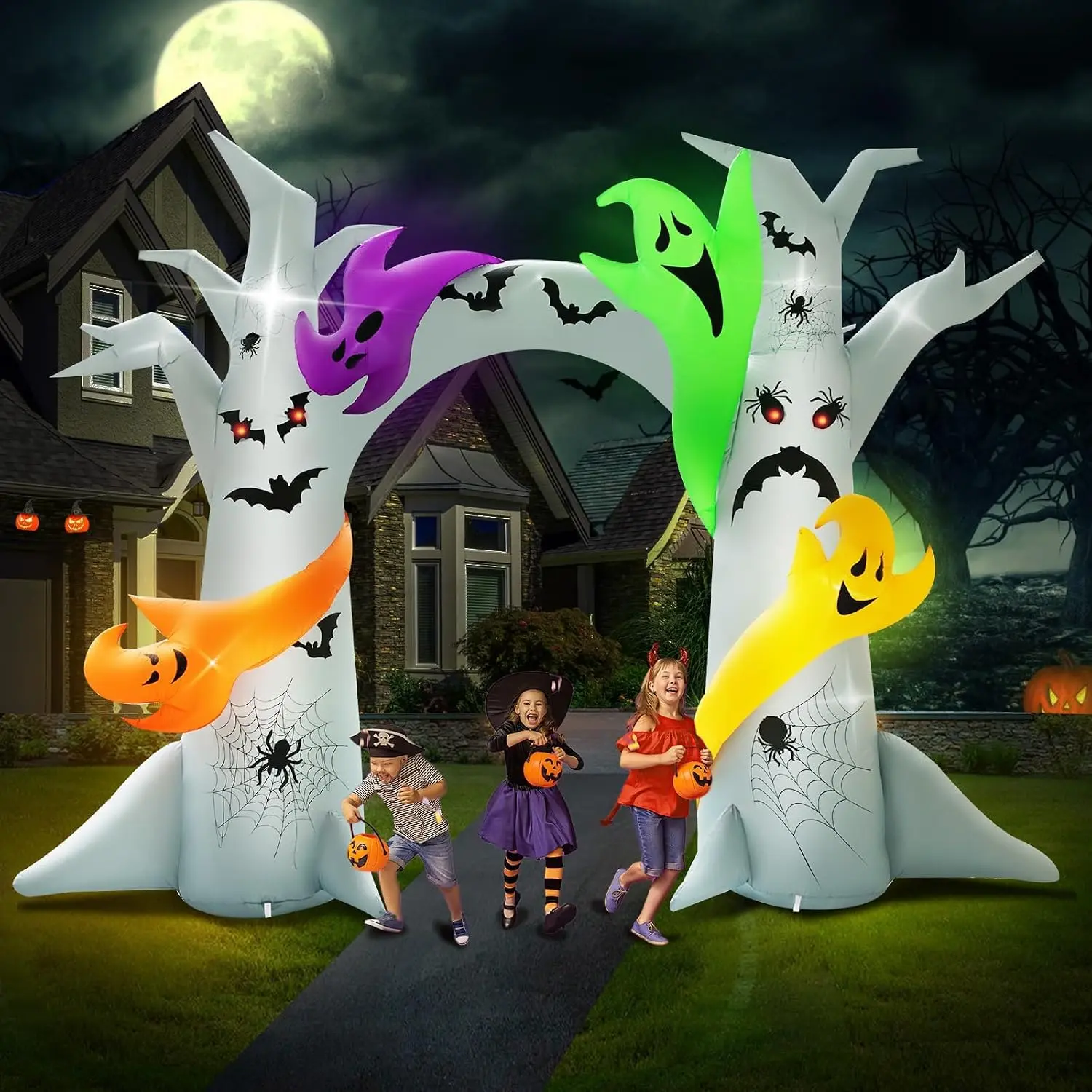 14FT Length X 10FT Tall Halloween Inflatable Tree Arch with 4 Colorful Ghosts, Halloween Blow Up Ghost Tree Inflatables Arch Built-in 15 LEDs for Halloween Inflatable Outdoor Decorationspooky season decor, spooky yard decor, halloween yard decor, hallowee