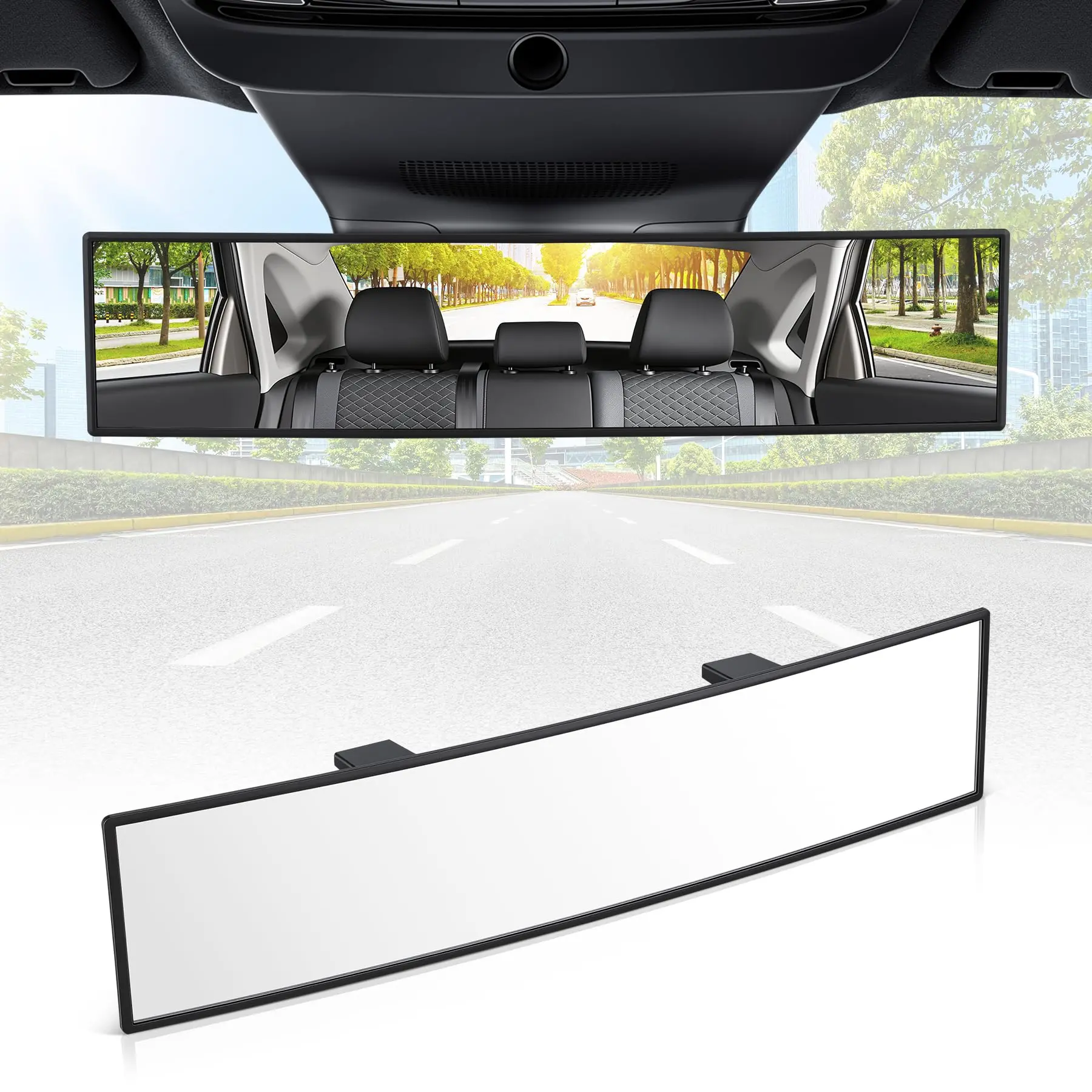 12-Inch HD Convex Panoramic Rearview Mirror, Clip-On Car Interior Mirror with Non-Slip Clips, Wide-Angle View and Blind Spot Reduction for Cars, SUVs, and Trucks