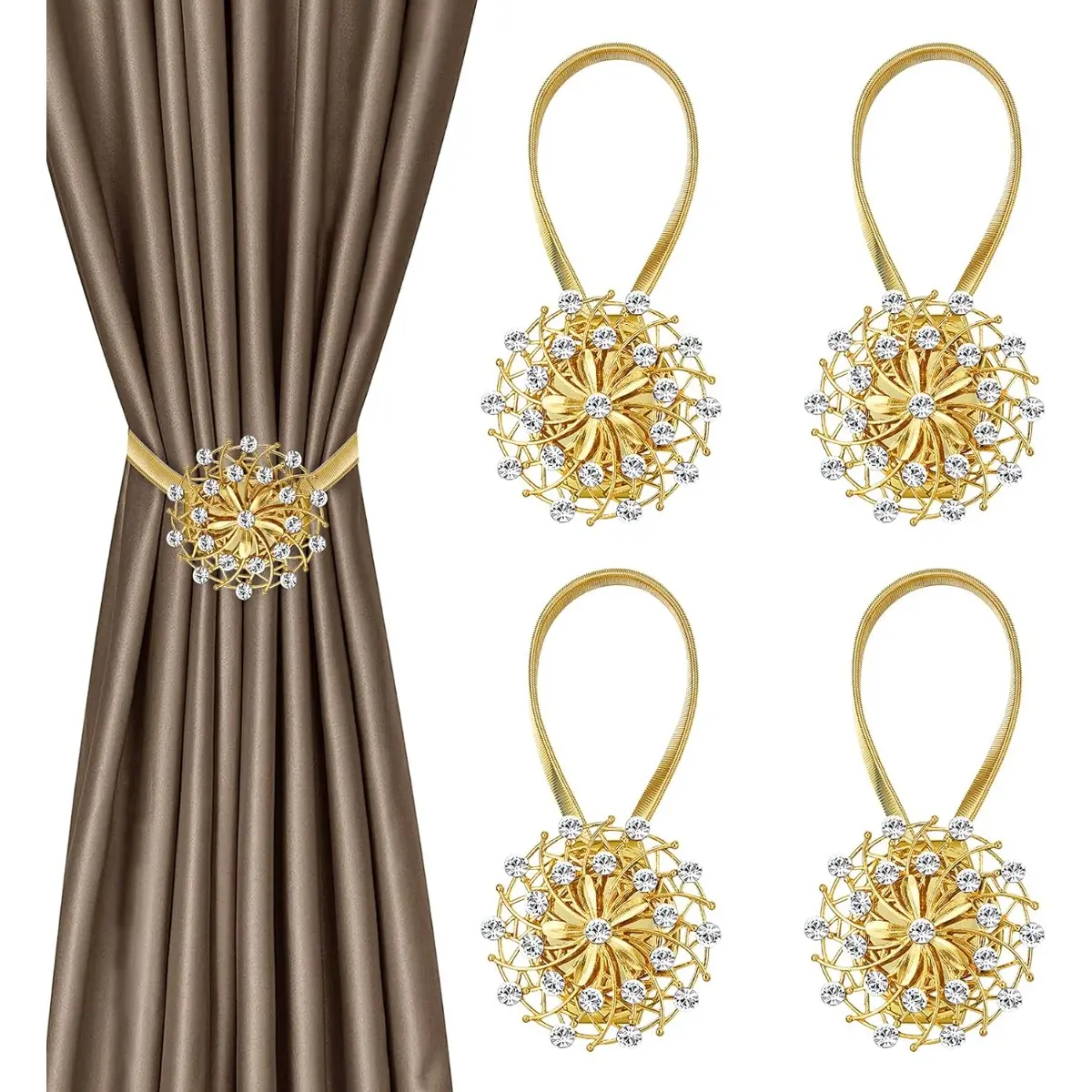 4 pcs magnetic curtain straps, crystal flower window curtain decoration, non drilled curtain buckle ring, with high elasticity spring wire, suitable for home office decoration