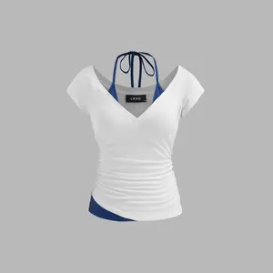Cider [6 colors, size 0-26] Halter Neckline Patchy Short Sleeve Top