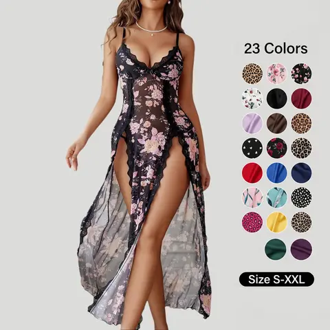 Avidlove Women's Lace Nightgown - Floral Mesh Chemise with V-Neck & Side Splits - Fitted Loungewear for Comfortable Wear - Soft Lightweight Lingerie SpringStatements Feminine Fabric Black Sleeveless Gifts