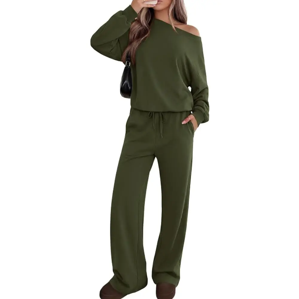 PRETTYGARDEN Womens 2 Piece Casual Matching Lounge Sets | Fashion Off the Shoulder Sweatshirt,Wide Leg Pants with Pockets,Comfy Airport Travel Outfit, Trendy Fall Set