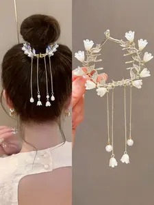 Faux Pearl Valley Lily Flower Design Banana Hair Clip, Elegant Luxury Rhinestone Decor Tassel Design Hair Accessories for Women & Girls, Daily Clothing Decor, Flower Hair Clips, Prom Mom Hair Clip