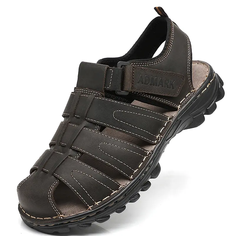 ADMARK Men's Cowhide Fisherman Sandals, Round Toe Closed-Toe Hiking Shoes with Arch Support and a Breathable Sole