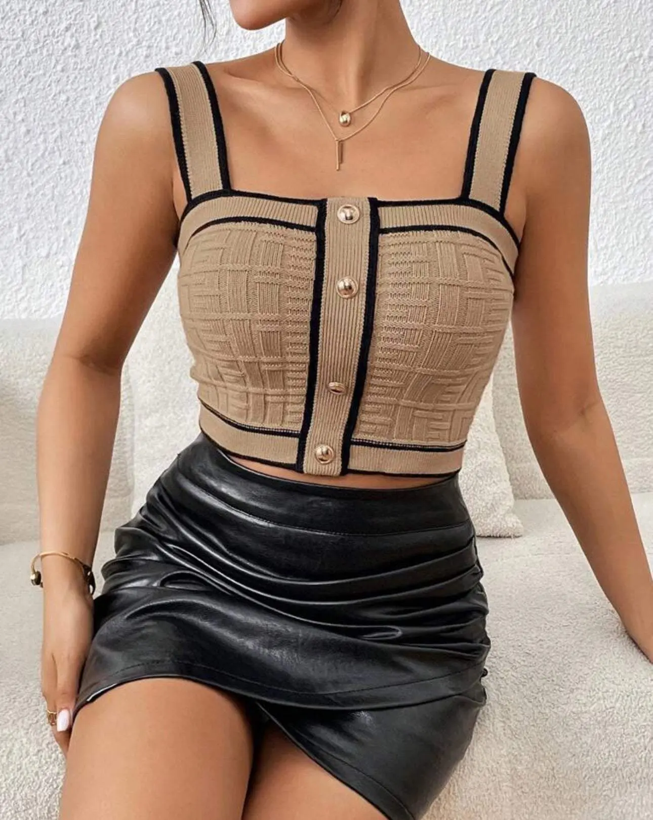 Women Trim Button Detail Crop Knit Top party n outwear