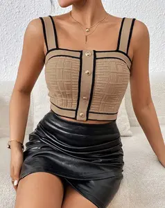 Women Trim Button Detail Crop Knit Top party n outwear