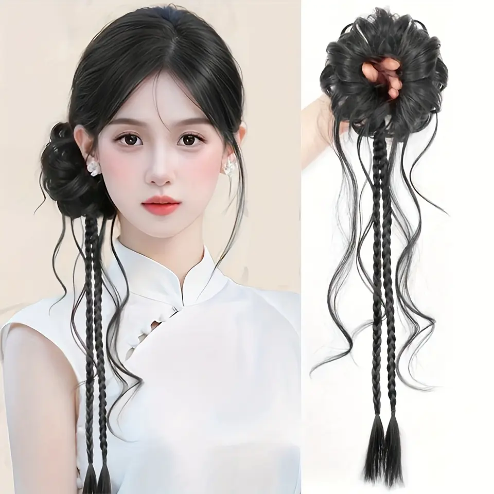 Ladies' Traditional Chinese Hanfu Synthetic Wig - Ancient Look Side-Tied Dragon Beard Bun, Twisted Braids, Curly Wavy Braided Tail, Cheongsam Costume Hair Accessory, for Chinese New Year, with Adjustable Band, Curled Waves